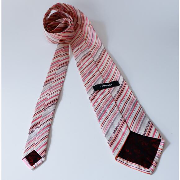 VTG VERSACE Barocco Medusa Greek Key Striped Tie Old Money Luxury Wedding Career - Picture 10 of 16